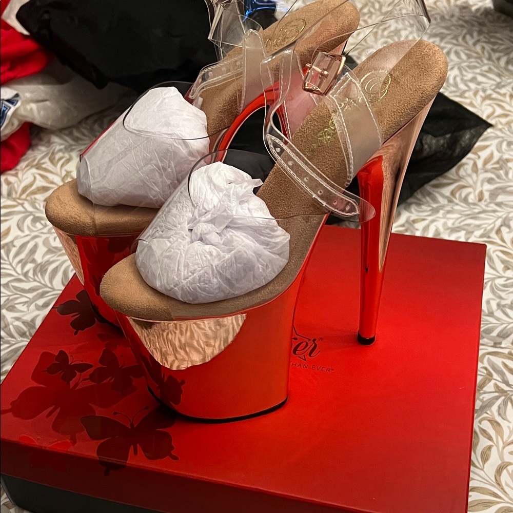 Pleaser Clear and Rose Gold Platform Heels